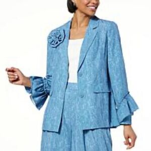 Elegant Blue Women's Blazer with Floral Accent